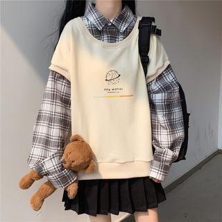 Mock Two-piece Plaid Sweatshirt / Pleated Mini A-line Skirt