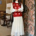 Mock-neck Long-sleeve Top / Snowflake Pattern Knit Vest / Mesh Midi Skirt