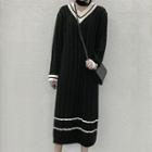 Long-sleeve Striped-trim Knit Midi A-line Dress