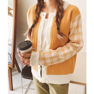 Contrast-trim Plaid Sleeve Cardigan