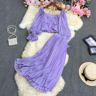 Set: Puff-sleeve Zipped Blouse + Midi Accordion Pleat Skirt