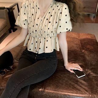 Puff-sleeve V-neck Dotted Shirred Peplum Top