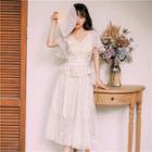 Set: Lace Short-sleeve Blouse + Midi A-line Skirt