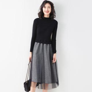 Long-sleeve Mesh Overlay Knit Midi A-line Dress
