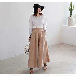 Band-waist Pintuck Cotton Wide-leg Pants