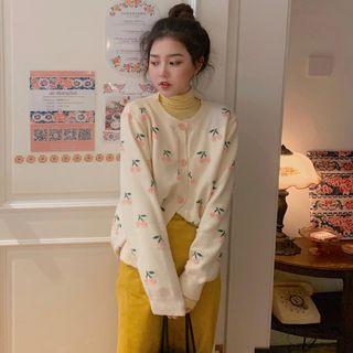 Turtleneck Knit Top / Cherry Pattern Cardigan / Midi A-line Skirt