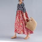 Elbow-sleeve Floral Print Maxi Dress As Shown In Figure - One Size