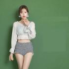 Set: Houndstooth Bikini Top + Bottom + Long-sleeve Cover-up Top