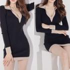Long-sleeve Contrast Trim Mini Sheath Dress Black - One Size