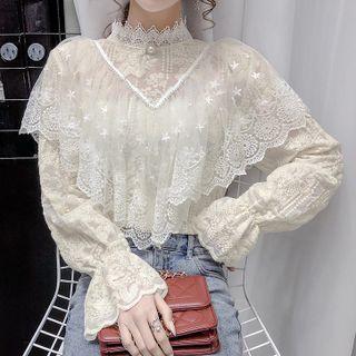 Cutout Wood Ear Trim Long-sleeve Lace Top