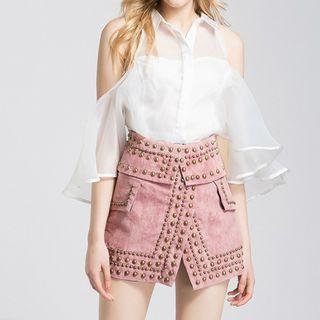 Cold Shoulder 3/4-sleeve Organza Blouse