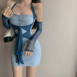 Set: Halter-neck Tie-front Sheath Dress+ Arm Sleeves Blue - One Size