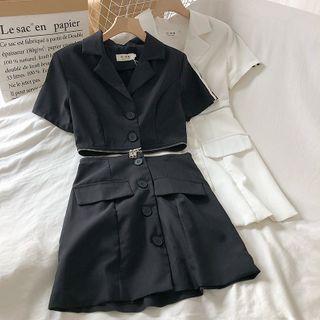 Set Of 2: Plain Short-sleeve Blouse + Single-breasted A-line Skirt