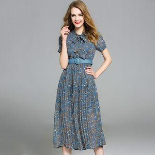 Short-sleeve Pleated Floral Midi Chiffon Dress