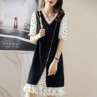 Elbow-sleeve V-neck Mock Two-piece A-line Dress