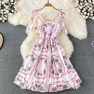 Bow Strap Floral Printed A-line Dress
