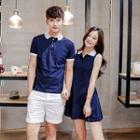 Couple Matching Contrast Trim Short Sleeve Polo T-shirt / Sleeveless Shirt Dress
