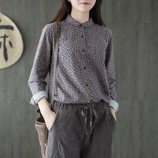 Floral Print Shirt Grayish Blue - One Size