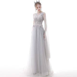 Short Sleeve Mesh Panel Sequined Embroidered Evening Gown