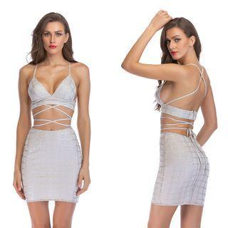 Sequined Plaid Halter-neck Mini Bodycon Dress