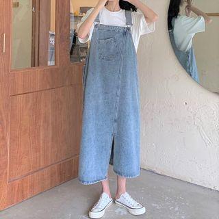 Slit Denim Midi A-line Overall Dress Blue - One Size