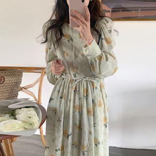 Long-sleeve Floral Midi A-line Dress Green - One Size