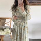 Long-sleeve Floral Midi A-line Dress Green - One Size