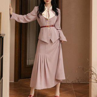 Set: Puff-sleeve Tie-neck Blazer + Midi A-line Skirt