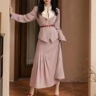Set: Puff-sleeve Tie-neck Blazer + Midi A-line Skirt