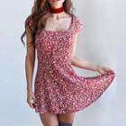 Cap-sleeve Floral Print Cutout-back Mini Dress