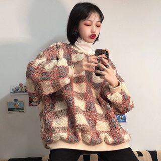 Turtleneck Long-sleeve Top / Plaid Faux-shearling Pullover