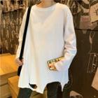 Round-neck Ripped Long-sleeve Top White - One Size