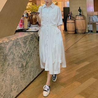 Elbow-sleeve Asymmetrical Drawstring Shirtdress