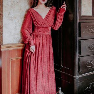 Shirred V-neck Plain Maxi Dress