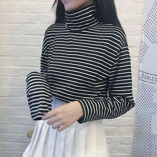 Turtleneck Striped Long-sleeve Knit T-shirt