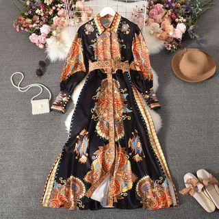 Long-sleeve Patterned Midi Dress Black - One Size