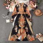Long-sleeve Patterned Midi Dress Black - One Size