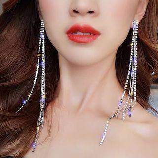 Long Rhinestone Fringe Earring Silver - Long Tassel