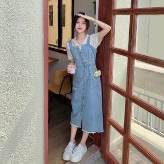 Short-sleeve Ribbed Polo Shirt / Midi Denim Jumper Dress