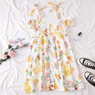 Ribbon-strap Fruit-print Shirtdress