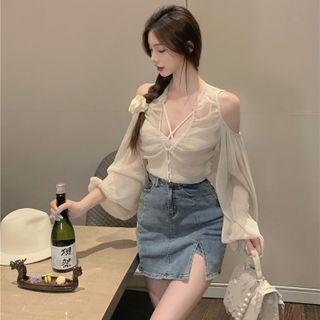 Plain Camisole Top / V-neck Button-up Mesh Top