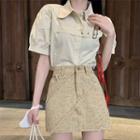 Short-sleeve Plain Shirt / Denim A-line Skirt