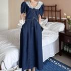 Puff-sleeve Lace Collar Denim Top / Maxi A-line Skirt