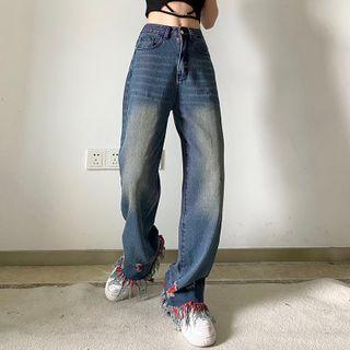 Mid Rise Frayed Loose Fit Jeans