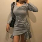 Long-sleeve Mini Sheath Dress / Furry Hooded Zip Jacket