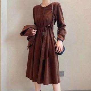 Set: Long-sleeve A-line Dress+ Crop Shirt Jacket