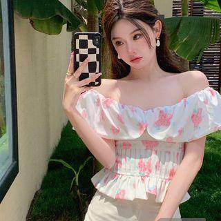 Cold Shoulder Floral Top White - One Size