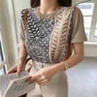 Scarf Print Panel Knit Top Beige - One Size