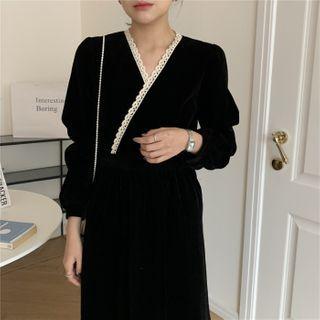V-neck Lace-trim Velvet Dress Black - One Size