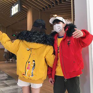 Couple Matching Rose Print Furry Hood Padded Jacket